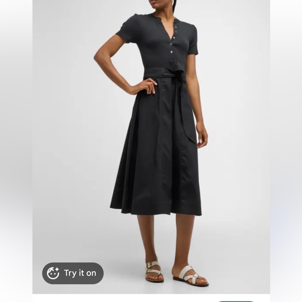 Veronica Beard Black Short-Sleeve Button Midi Dress with Tie Waist